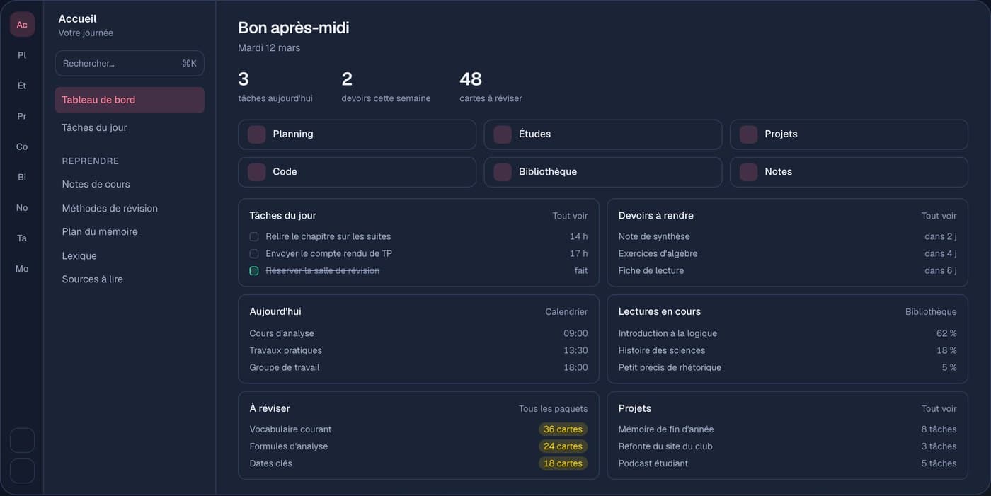 Écran d'accueil de l'Application WebnexLab : le rail des espaces, la barre latérale et le tableau de bord