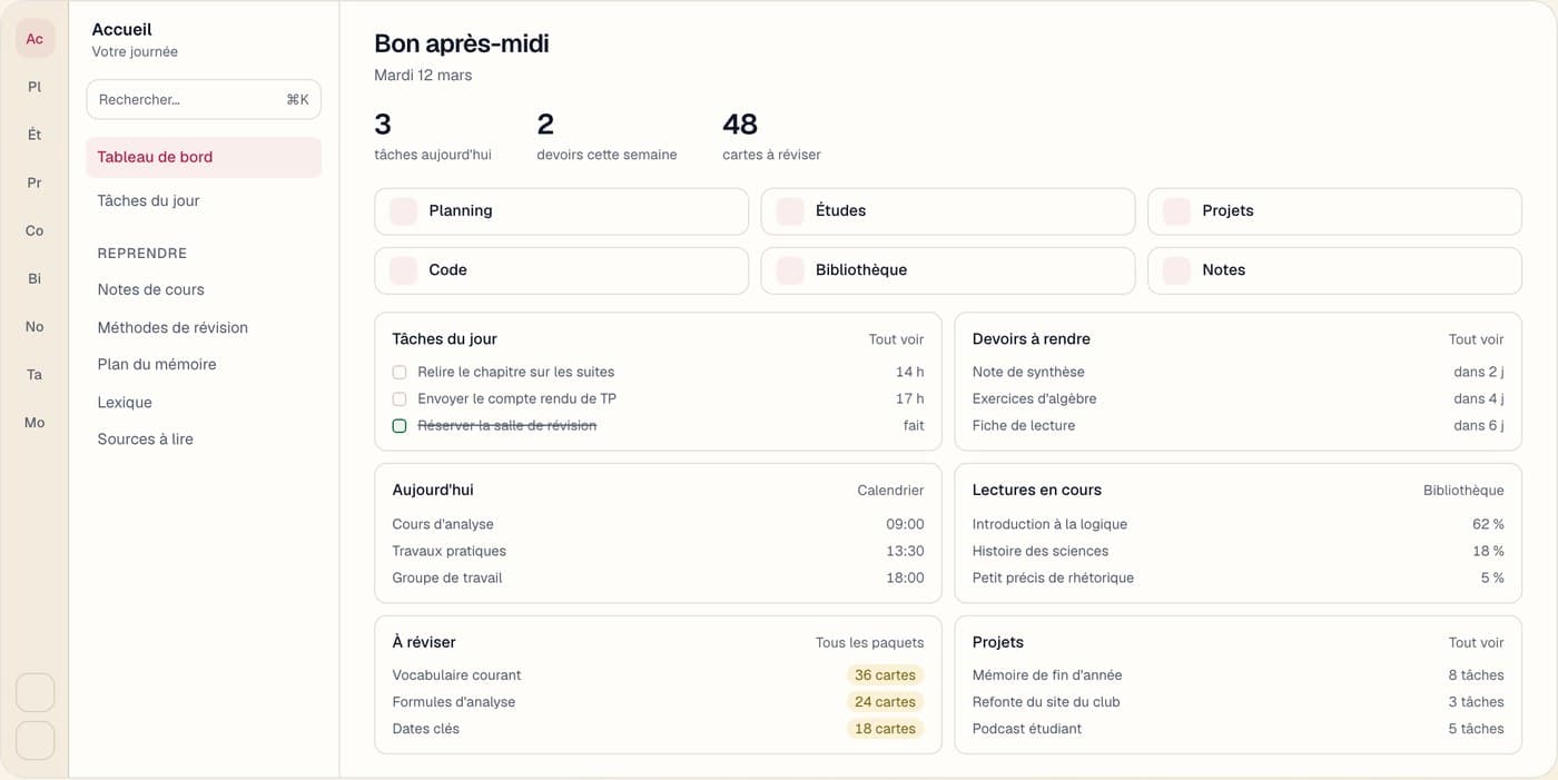Écran d'accueil de l'Application WebnexLab : le rail des espaces, la barre latérale et le tableau de bord